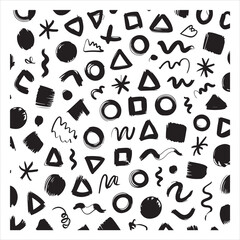 Abstract geometric pattern in black and white, featuring circles, triangles, and stars for modern design applications