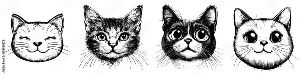Poster various artistic cat illustrations showcasing different expressions and features on a white backgrou