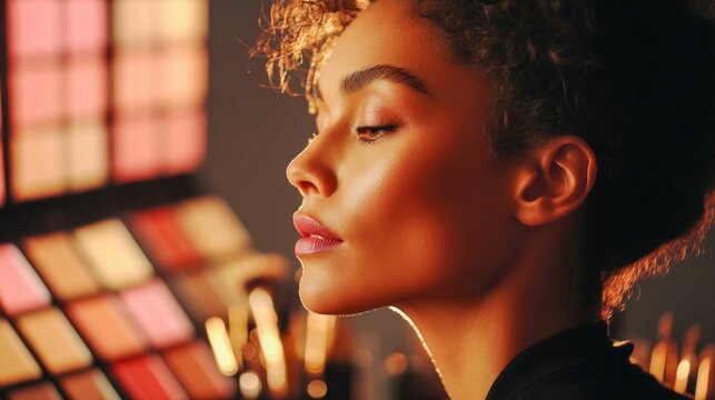 A side profile of a woman with flawless skin, highlighted by warm lighting and makeup.