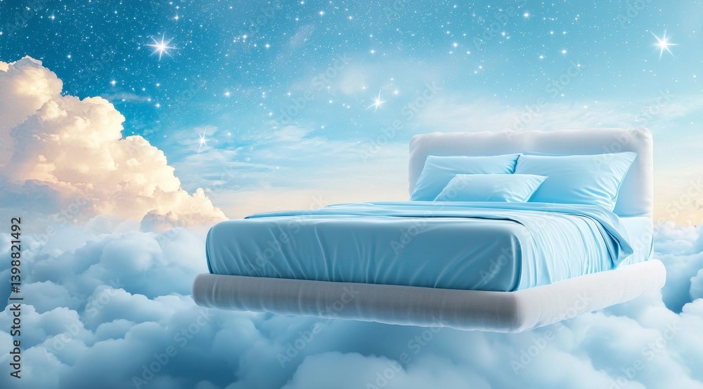 Poster bed is floating in the sky with clouds and stars in the background