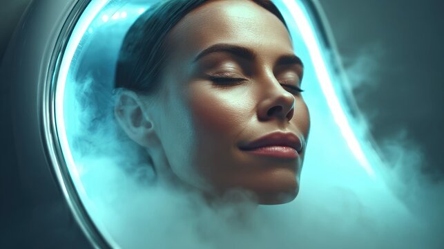 A woman experiences cryotherapy treatment, immersed in cooling mist, with a serene expression.