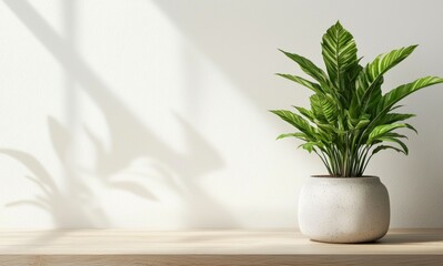 Fototapeta premium A potted plant sits on a wooden table, casting a shadow on the wall