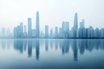 Fototapeta premium A city skyline is reflected in the water