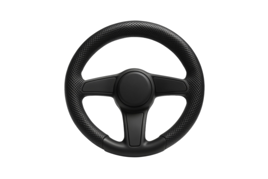 Close up of a black steering wheel with a black leather cover, isolated