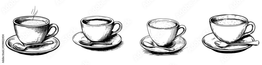 Poster various stages of coffee preparation displayed in four distinct cups on saucers in a simple sketch s