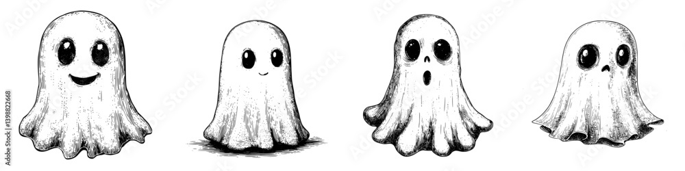 Poster four playful ghost illustrations in varying expressions showcasing whimsy and charm suitable for hal