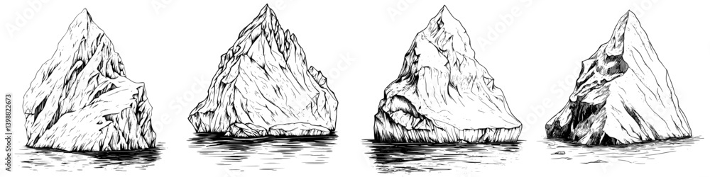 Poster illustrations of icebergs in various shapes floating in the ocean during daylight
