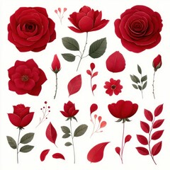 Collection of elegant crimson roses and foliage isolated on white background