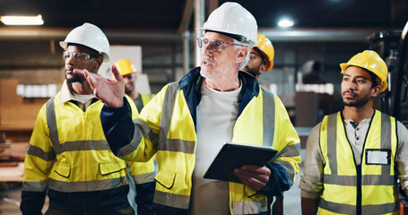 Tablet, people or manager in carpentry warehouse for furniture manufacturing, renovation or labor....