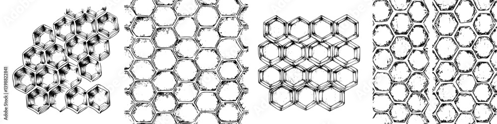 Poster patterns of geometric hexagonal shapes in varying arrangements and styles showcase intricate design 