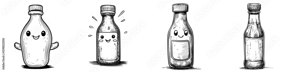 Poster cute cartoon bottles with smiling faces in a whimsical style showcasing different expressions and de