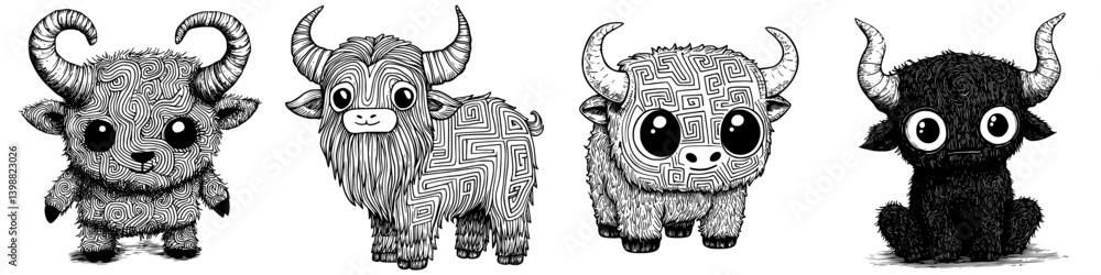 Poster cute cartoon yaks displaying unique patterns and expressions in a playful style suitable for various