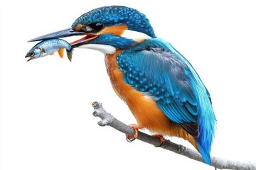 Obraz premium Kingfisher eating fish perched on branch on white background