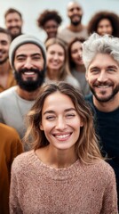 Fototapeta premium Diverse group of people with bright smiles, showing togetherness and positive vibes.