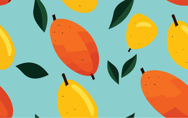 Mango and Pear Pattern. Playful pattern with stylized mangoes, pears, and leaves on a light blue background.