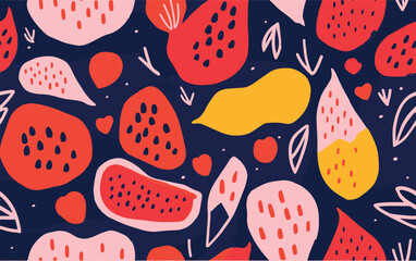 Abstract Fruit Pattern on Dark Blue. Playful pattern with stylized fruits and leaves in vibrant pink, red, and yellow tones on a dark blue background.