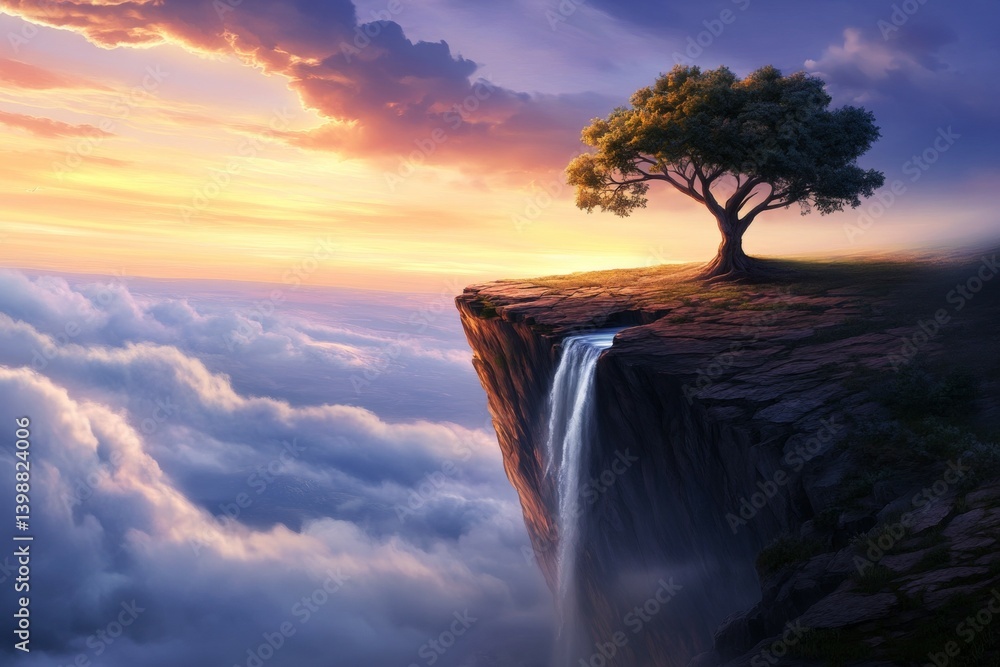 Poster a tree is growing on a cliff with a waterfall in the background