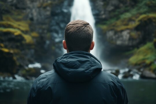 A man is standing in front of a waterfall, wearing a black jacket