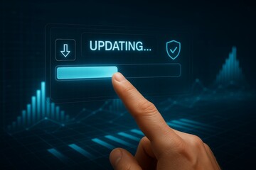 Hand interacting with digital interface displaying software update progress