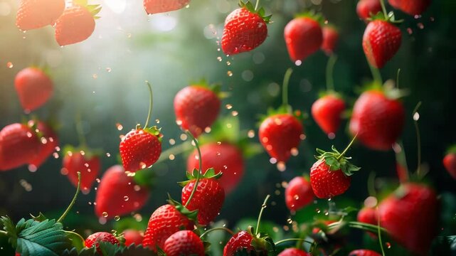 Ripe, juicy strawberries are falling onto a field of strawberry plants, illuminated by sunlight and covered in refreshing water drops