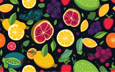 Vibrant Fruit Pattern on Dark. Playful pattern with stylized citrus slices, grapes, kiwi, and strawberries on a dark background.