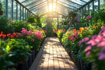 Vibrant flowers bloom in greenhouse during golden hour