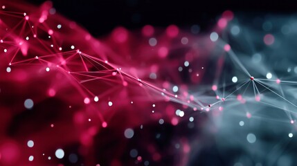 Digital abstraction of interconnected nodes and lines creating a vibrant network in red and blue hues