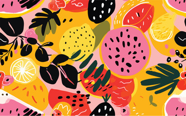 Abstract Tropical Fruit Pattern. Playful pattern with stylized fruits and leaves in vibrant pink, yellow, and dark tones.