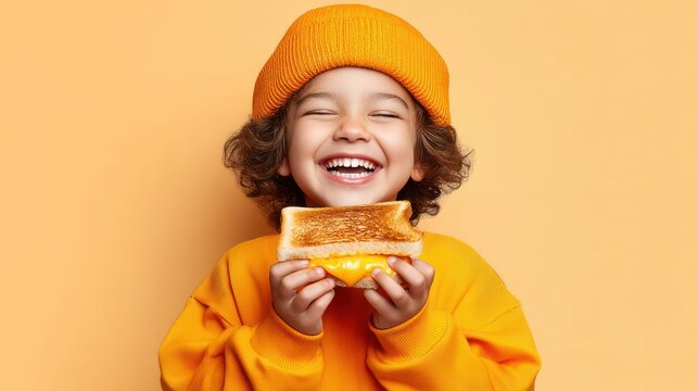 A happy child, wearing orange, gleefully holds a cheese sandwich, ready to enjoy a meal.