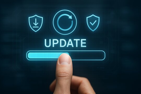 Finger pressing digital update button with progress bar and security icons