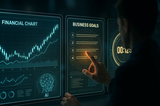 Young caucasian male analyzing financial chart with business goals on digital screen