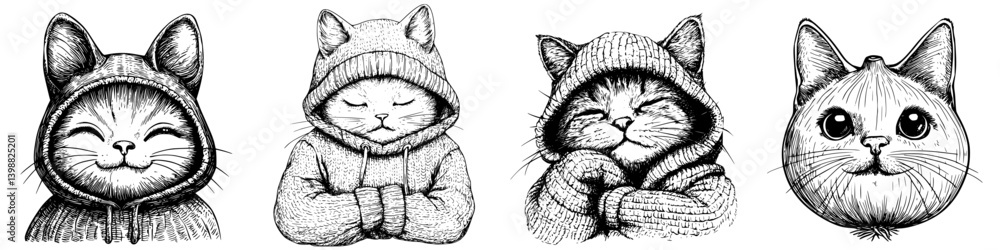 Poster cute cats in hoodies display various expressions and styles in an illustrated collection of feline c