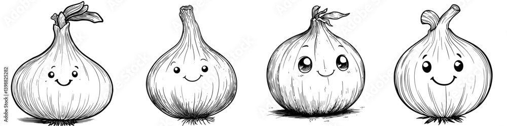 Poster characters created from onions with playful expressions and distinct designs showcasing their unique