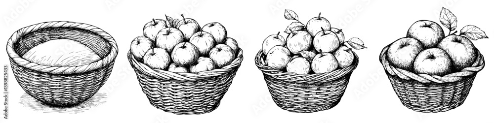 Poster baskets filled with fresh apples and flour displayed on a table in a rustic kitchen setting