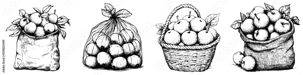 Aufkleber collection of apples in various containers displayed in a rustic setting during harvest season