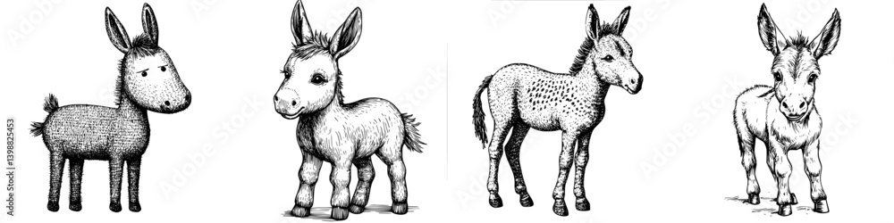 Poster various cartoon donkeys presented in unique styles showcasing different features and expressions in 