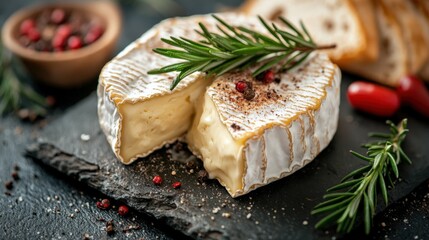 Delicious Brie Cheese with Spices and Rosemary on Slate Board