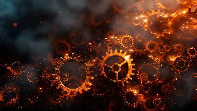 Glowing mechanical gears rotating in a fiery and smoky atmosphere, creating a surreal industrial abstract background
