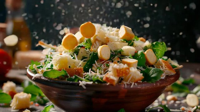 Grated parmesan cheese sprinkling on a fresh caesar salad with croutons and lettuce in a wooden bowl