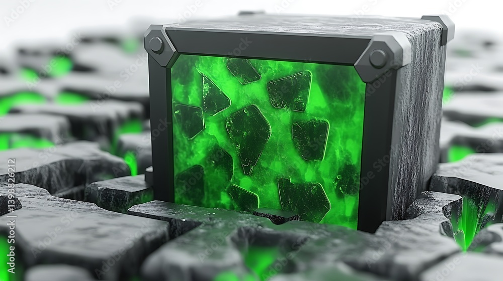 Poster a dark, metallic cube containing a glowing, fragmented green substance embedded within a network of 