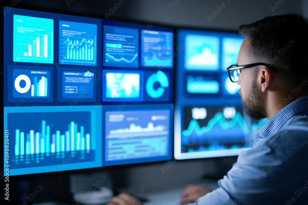 Poster male analyst examining data on multiple monitors in modern office environment