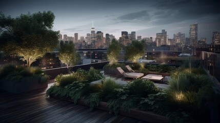Fototapeta premium Urban rooftop garden lush greenery cascading over sleek concrete planters ambient city lights twinkling twilight skyline in the distance peaceful retreat v ar Image