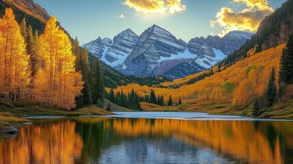 Naklejka premium Autumnal mountain lake reflecting golden aspens