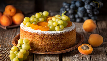 rustic cake with grapes and apricots on old wooden table