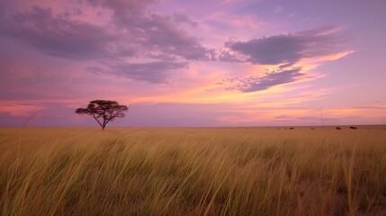 Wide open savannah tall grass swaying in the wind against a vibrant sunset sky perfect for wildlife conservation African safaris and eco tourism branding