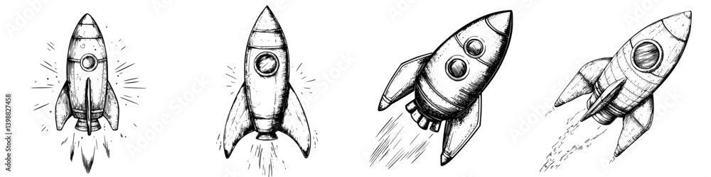 Poster creative sketch of rockets launching into space, showcasing various designs and styles with dynamic 