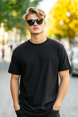 Man in a black shirt and sunglasses poses for the camera on a city street