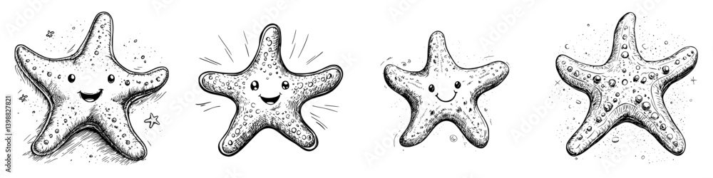 Poster cute and cheerful starfish display on a white background with fun expressions and unique textures