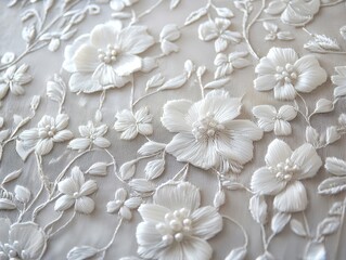 Detailed close-up of white floral embroidery on a sheer fabric, showcasing delicate craftsmanship and intricate patterns.  Elegant textile art.