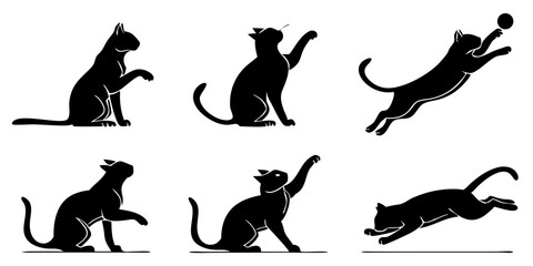 Fototapeta premium Silhouette illustrations of six cats in various poses playing and sitting and jumping around happily